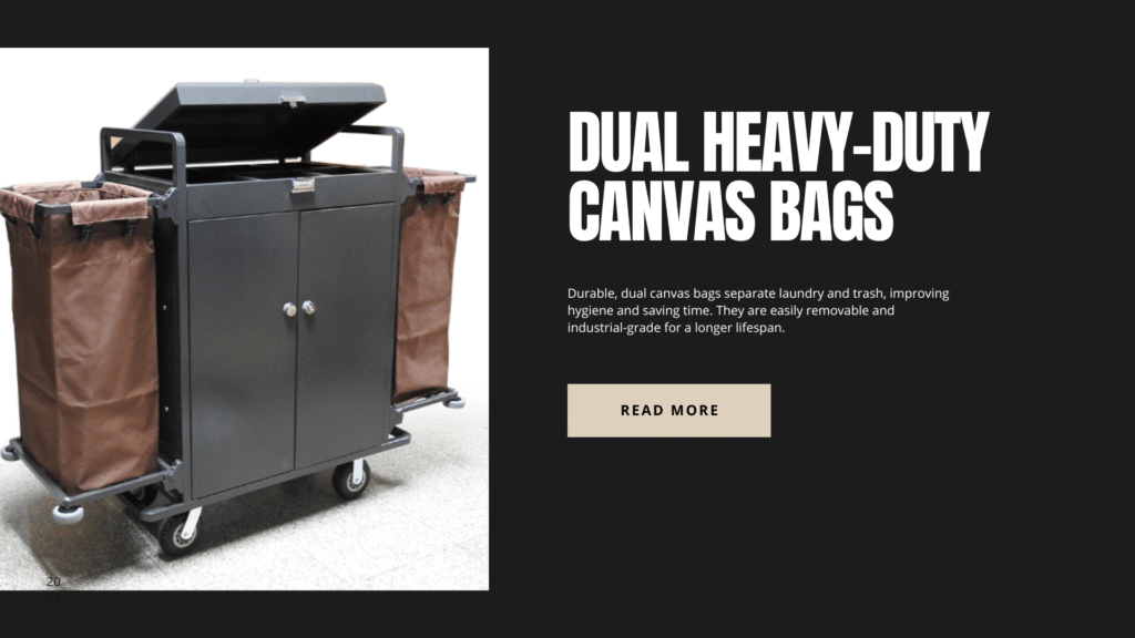 A housekeeping trolley with two heavy-duty canvas bags, one for laundry and one for trash, demonstrating the dual-bag system.