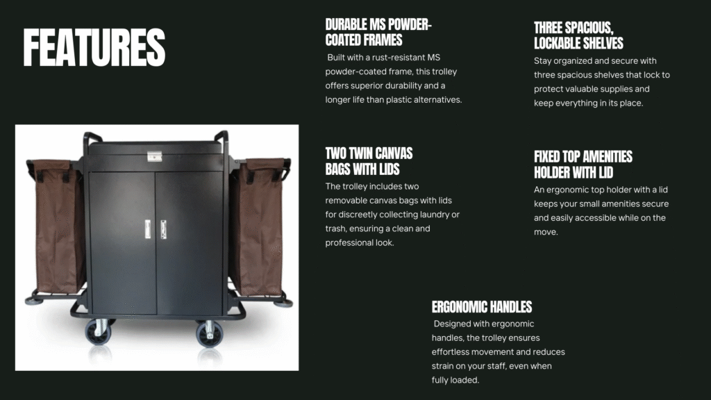 The Giret housekeeping trolley with its lockable shelves and two canvas bags, illustrating its superior organization.