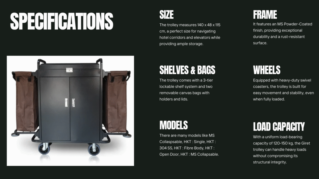 A detailed view of the Giret trolley's MS powder-coated frame and rust-resistant finish.