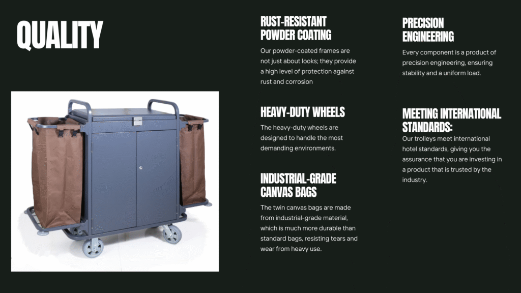 A Giret housekeeping trolley from the front, showcasing its ergonomic handle and its ability to be easily maneuvered.