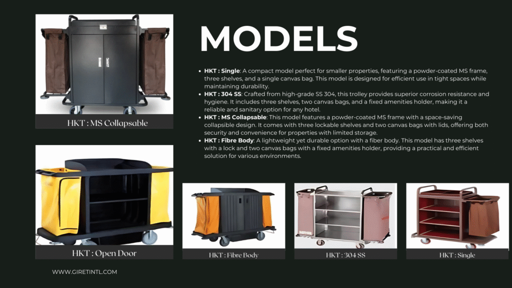 The Giret housekeeping trolley with its lockable shelves and two canvas bags, illustrating its superior organization.
