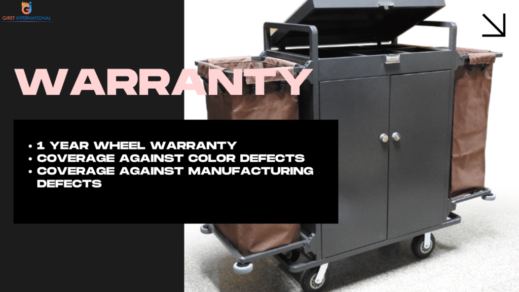 A page detailing the 1-year wheel warranty and coverage against manufacturing and color defects for the Giret housekeeping trolley.