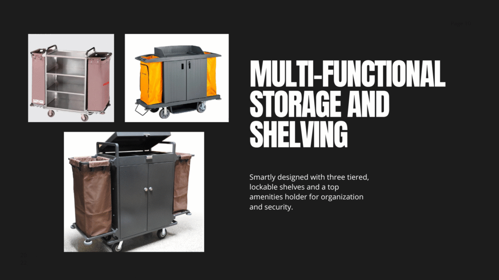 The Giret housekeeping trolley with its lockable shelves and two canvas bags, illustrating its superior organization.