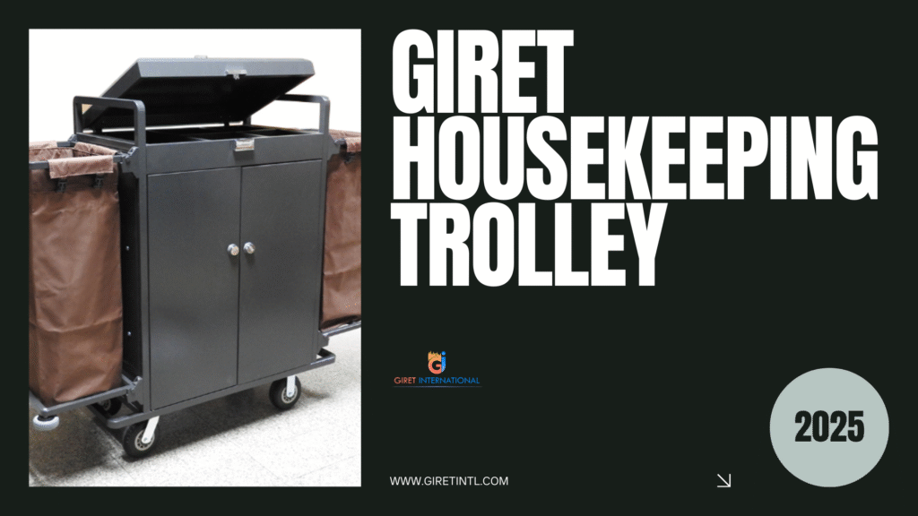 Heavy-Duty Housekeeping Trolley: A black Giret housekeeping trolley shown in a hotel corridor, highlighting its durable metal frame and heavy-duty wheels designed for commercial use.