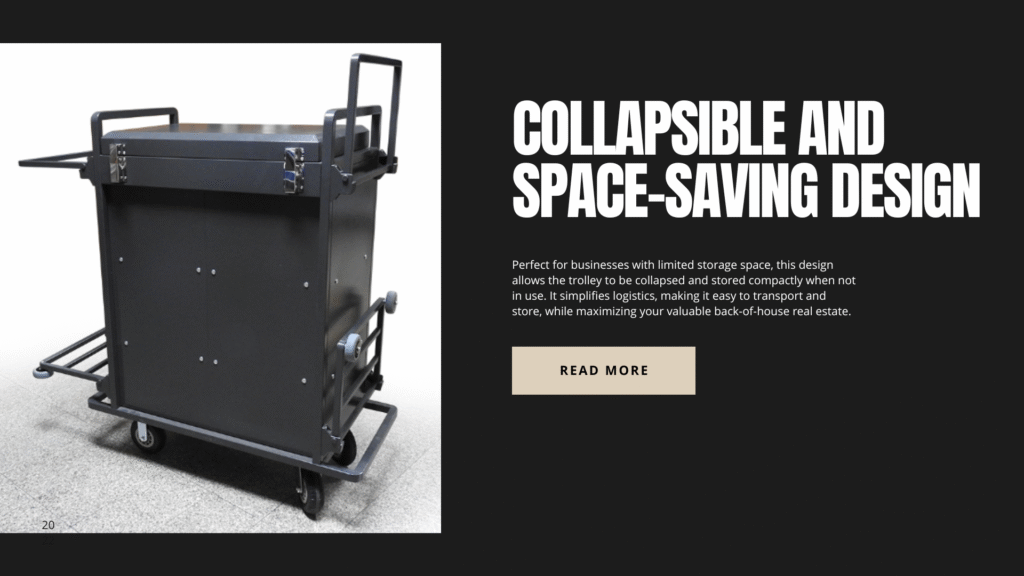 A collapsible housekeeping trolley from GIRET International shown in its compact, folded state, demonstrating its space-saving design.