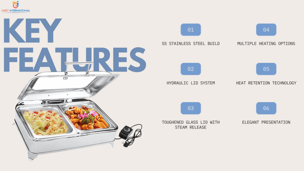Modern chafing dishes with hydraulic lid, steam release system, glass top, and induction compatibility, offering both luxury style and efficient heat retention for professional catering events.