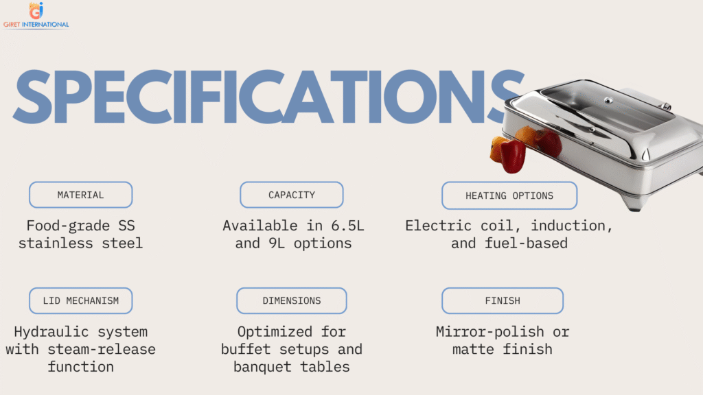 Chafing dishes crafted with SS stainless steel, available in 6.5L to 9L capacity, induction and fuel base compatibility, designed to match global hospitality standards and buffet requirements.