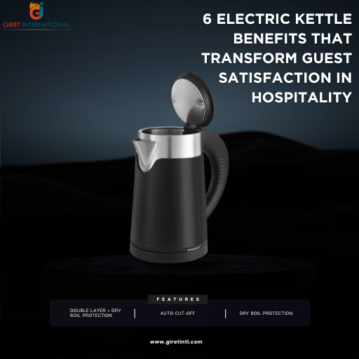 Compact GIRET Electric Kettle in corporate office, showcasing turnkey hospitality equipment.