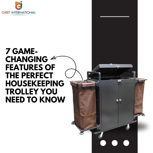 The Giret housekeeping trolley with its lockable shelves and two canvas bags, illustrating its superior organization.