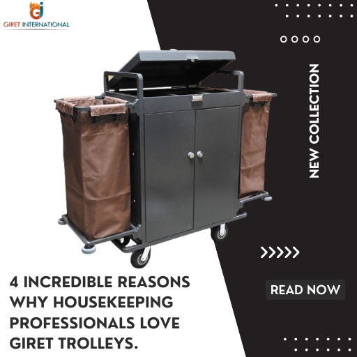 The Giret housekeeping trolley with its lockable shelves and two canvas bags, illustrating its superior organization.