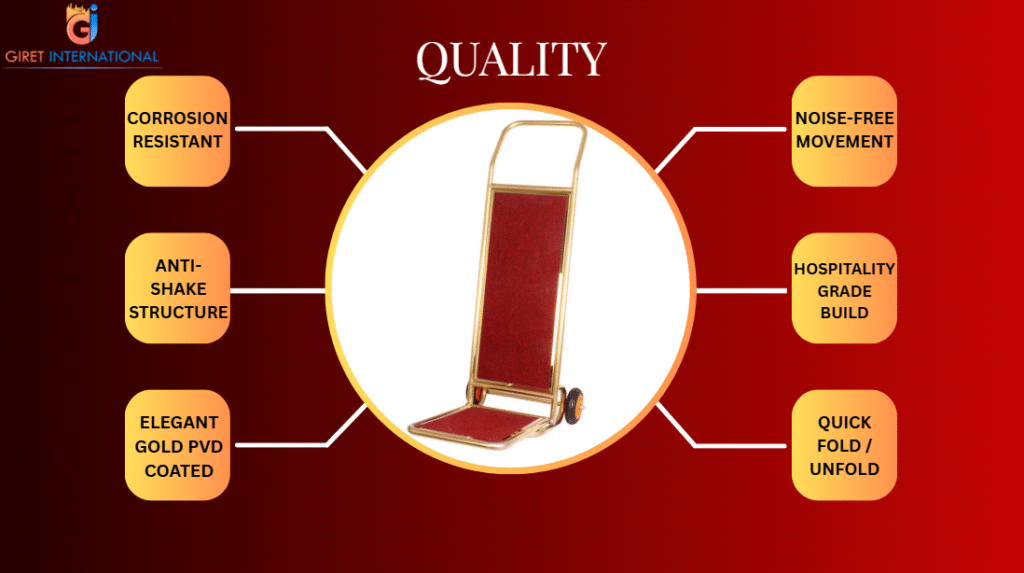 Premium GIRET Luggage Trolley in restaurant, supporting high-traffic hospitality equipment with anti-shake build.