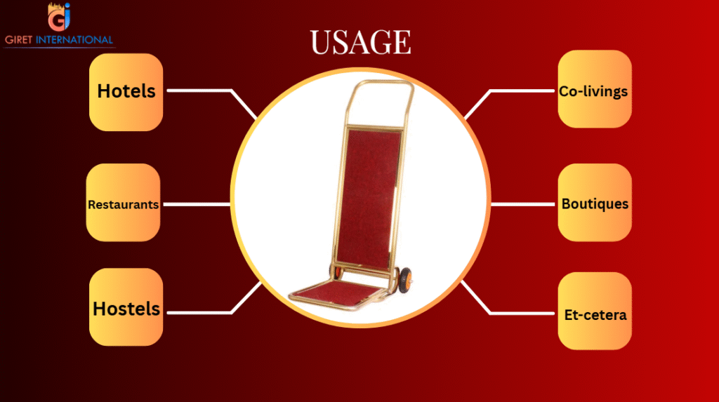 Luxury GIRET Guest Luggage Trolley in hotel lobby, enhancing hospitality excellence with 100 kg capacity.