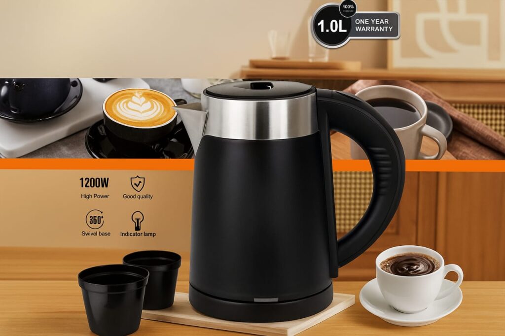 Stainless steel GIRET Electric Kettle with double-layer safety in a boutique hotel suite.