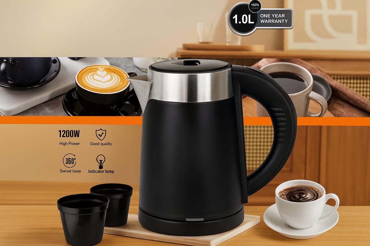 Stainless steel GIRET Electric Kettle with double-layer safety in a boutique hotel suite.