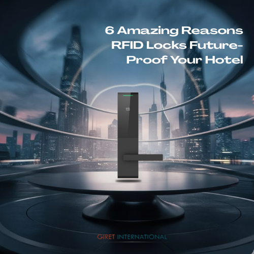 Luxury resort corridor with Giret RFID locks on each room door, delivering style, security, and a smart contactless guest experience.
