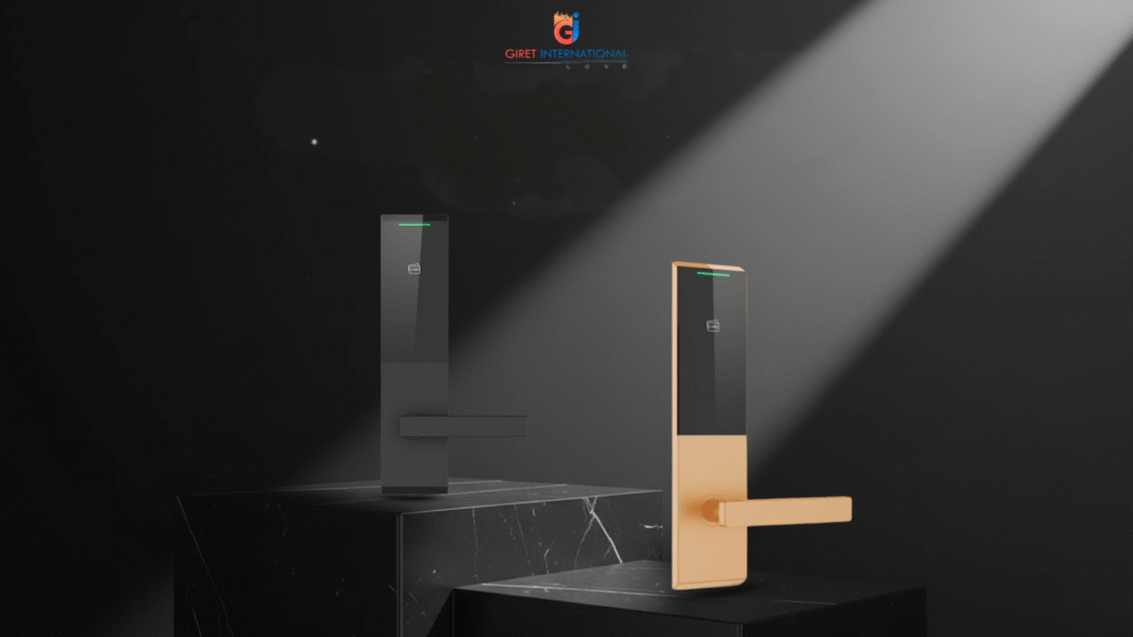 RFID locks by Giret installed on a luxury hotel room door, ensuring secure, contactless guest access and modern hospitality design.