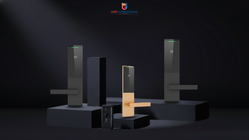 RFID locks by Giret installed on a luxury hotel room door, ensuring secure, contactless guest access and modern hospitality design.