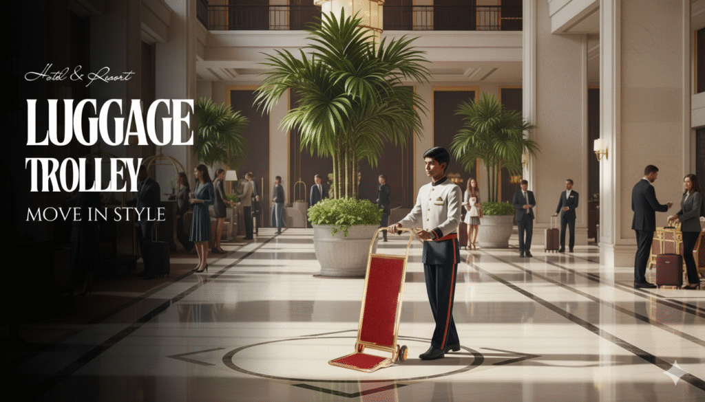 Luxury GIRET Luggage Trolley in hotel lobby showcasing elegant brass finish, smooth wheels, and premium hospitality design for five-star guest service.