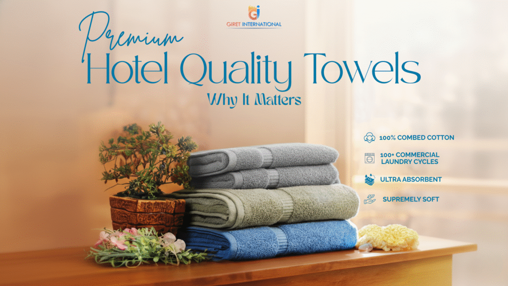 Stack of freshly folded GIRET Towels in white and beige tones representing hotel-grade comfort and absorbency.