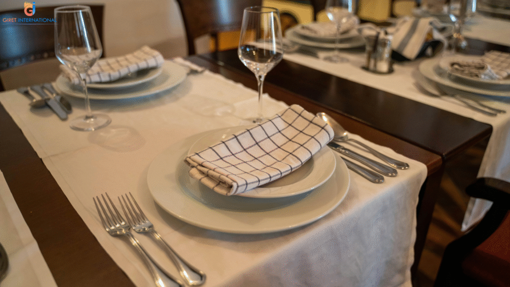 Giret CCG table setup showcasing cutlery, crockery, and glassware harmony, symbolizing premium hospitality standards, fine craftsmanship, and modern restaurant aesthetics.