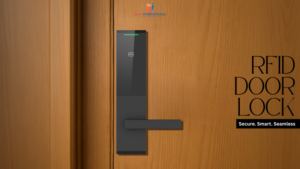 RFID locks by Giret installed on a luxury hotel room door, ensuring secure, contactless guest access and modern hospitality design.