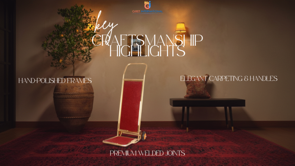 Golden GIRET Luggage Trolley with red carpet base positioned at hotel entrance, reflecting luxury craftsmanship and refined first impression in hospitality.