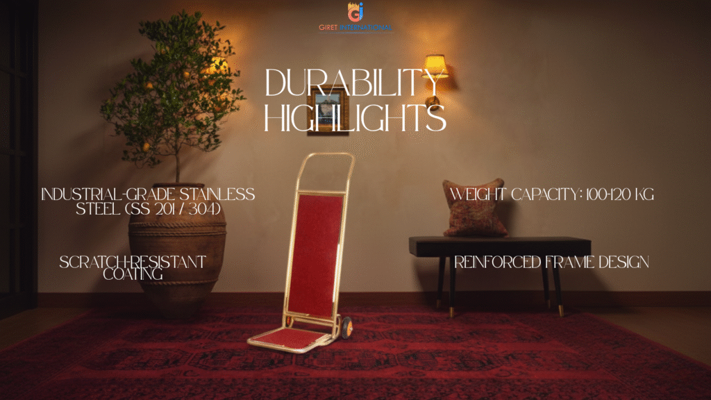 Modern stainless steel GIRET Luggage Trolley with ergonomic handles and silent wheels, designed for effortless guest luggage transport in luxury hotels.