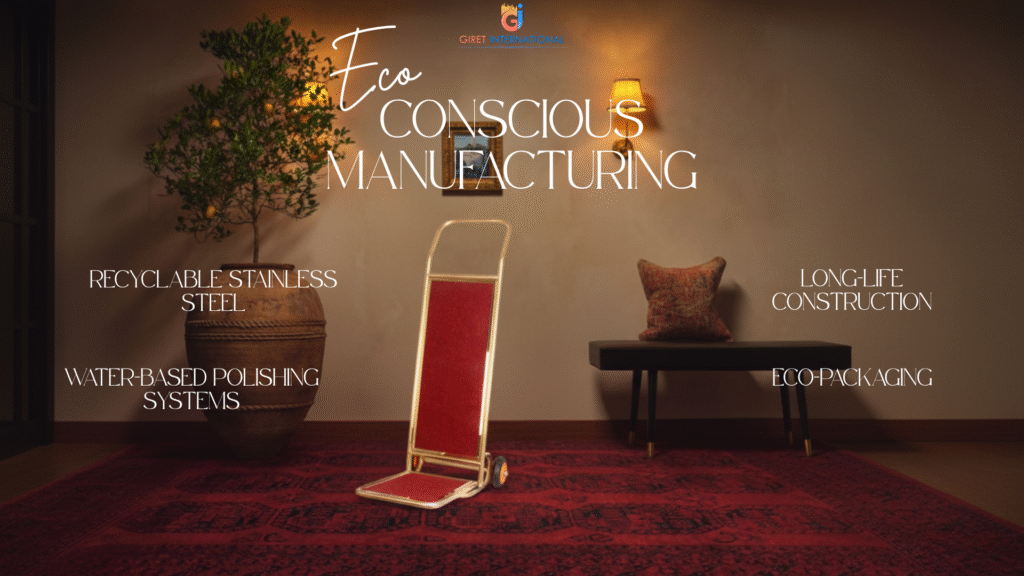 Hotel staff using GIRET Luggage Trolley with 360-degree swivel wheels for smooth mobility, enhancing check-in experience and brand professionalism.