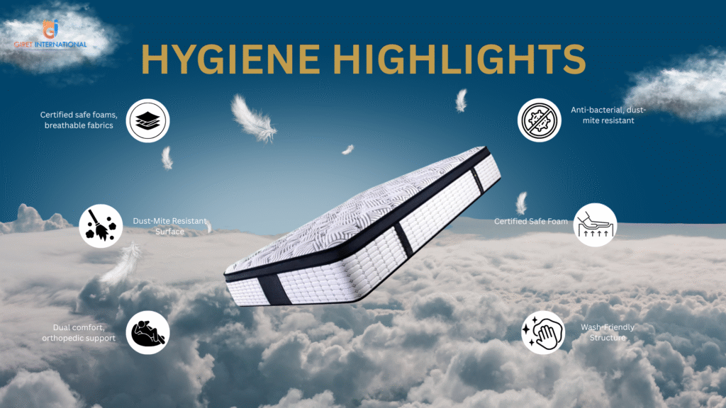 Eco-friendly GIRET Mattress with motion isolation and breathable fabric, engineered for luxury hospitality and wellness spaces