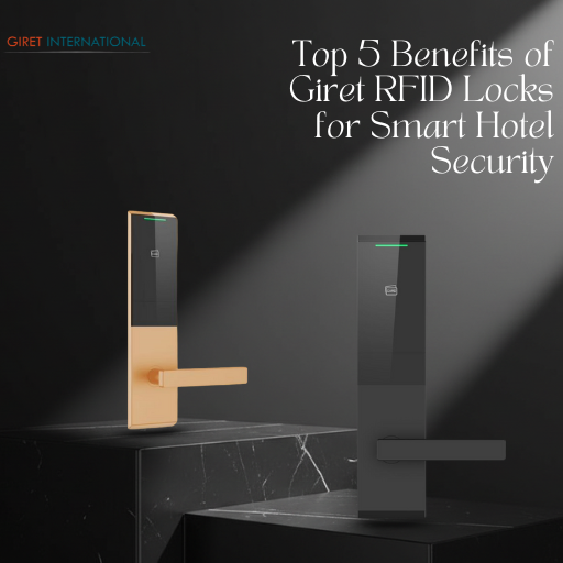 Luxury resort corridor with Giret RFID locks on each room door, delivering style, security, and a smart contactless guest experience.