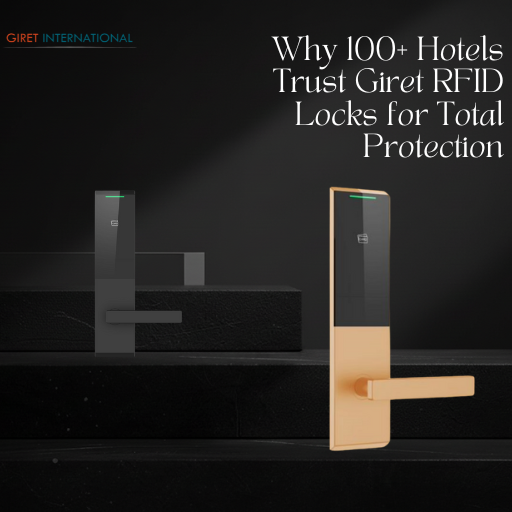 Luxury resort corridor with Giret RFID locks on each room door, delivering style, security, and a smart contactless guest experience.