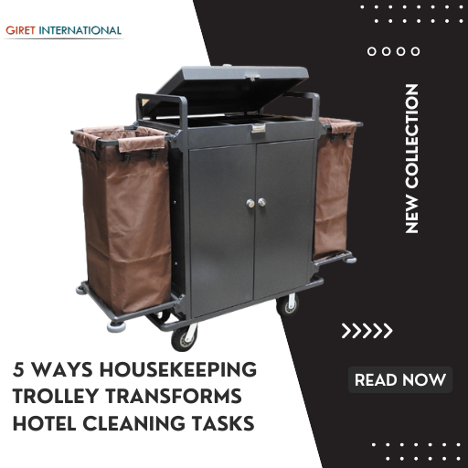 The Giret housekeeping trolley with its lockable shelves and two canvas bags, illustrating its superior organization.