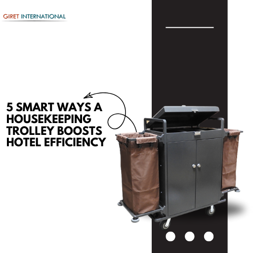 The Giret housekeeping trolley with its lockable shelves and two canvas bags, illustrating its superior organization.