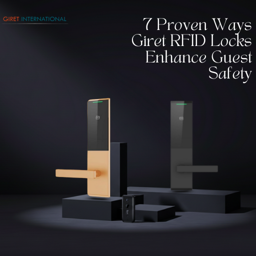 Luxury resort corridor with Giret RFID locks on each room door, delivering style, security, and a smart contactless guest experience.