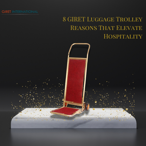 Luxury stainless steel luggage trolley with red carpet platform in hotel lobby