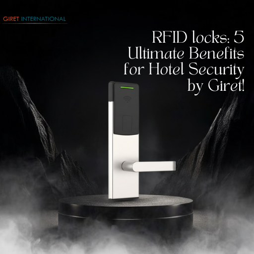 Luxury resort corridor with Giret RFID locks on each room door, delivering style, security, and a smart contactless guest experience.