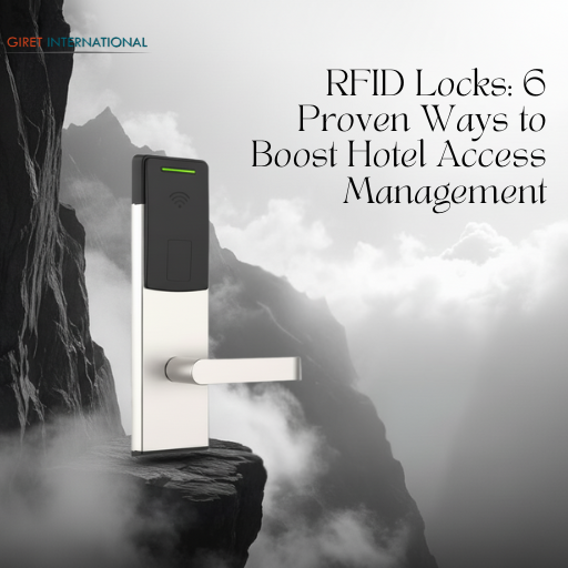 Luxury resort corridor with Giret RFID locks on each room door, delivering style, security, and a smart contactless guest experience.