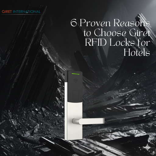 Luxury resort corridor with Giret RFID locks on each room door, delivering style, security, and a smart contactless guest experience.