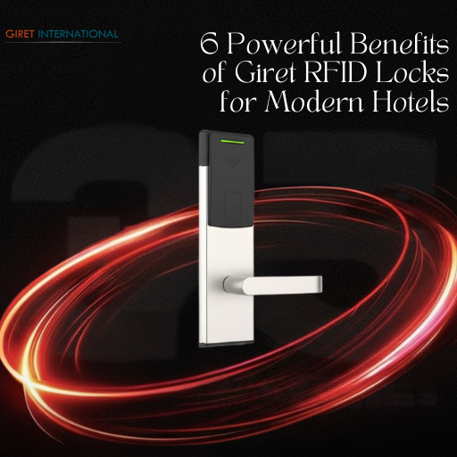 Luxury resort corridor with Giret RFID locks on each room door, delivering style, security, and a smart contactless guest experience.