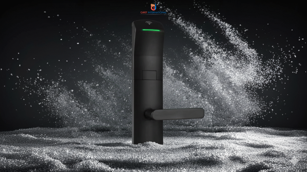 Close-up of GIRET YE23 RFID Lock showing elegant matte finish and clutch-on security technology for hospitality doors.