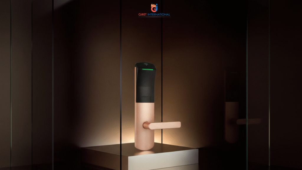 Luxury hotel room equipped with GIRET YE23 RFID Lock providing immediate locking and low battery alert features.