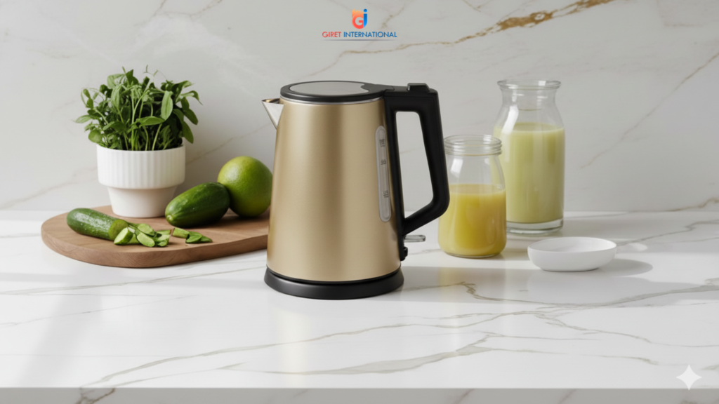 Electric kettle on hotel table with safety design