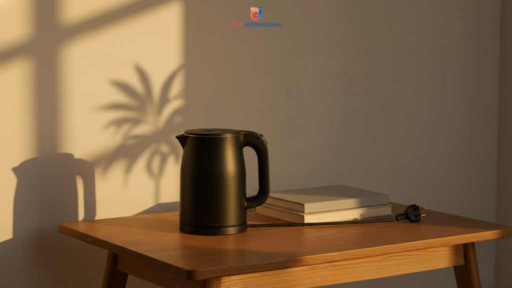 KKN electric kettle placed in modern hotel guest room setup