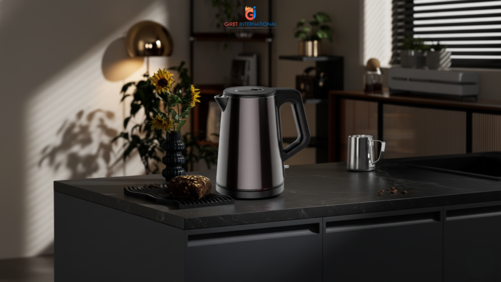 ZEO Electric Kettle in hotel guest room with black gunmetal finish.