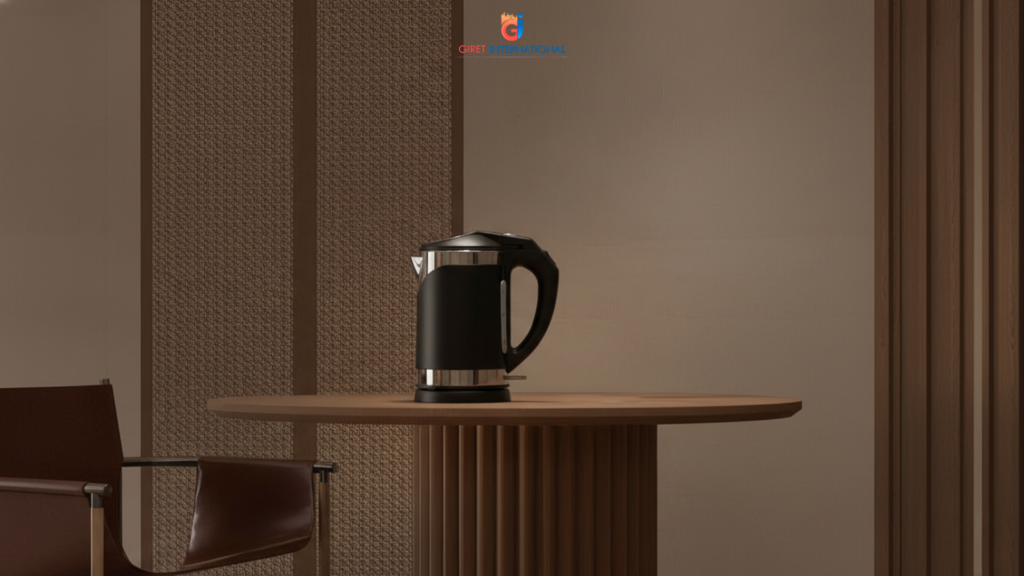 Luxe electric kettle for guest rooms with on indicator light