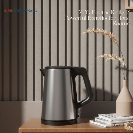 ZEO Electric Kettle in hotel guest room with black gunmetal finish.