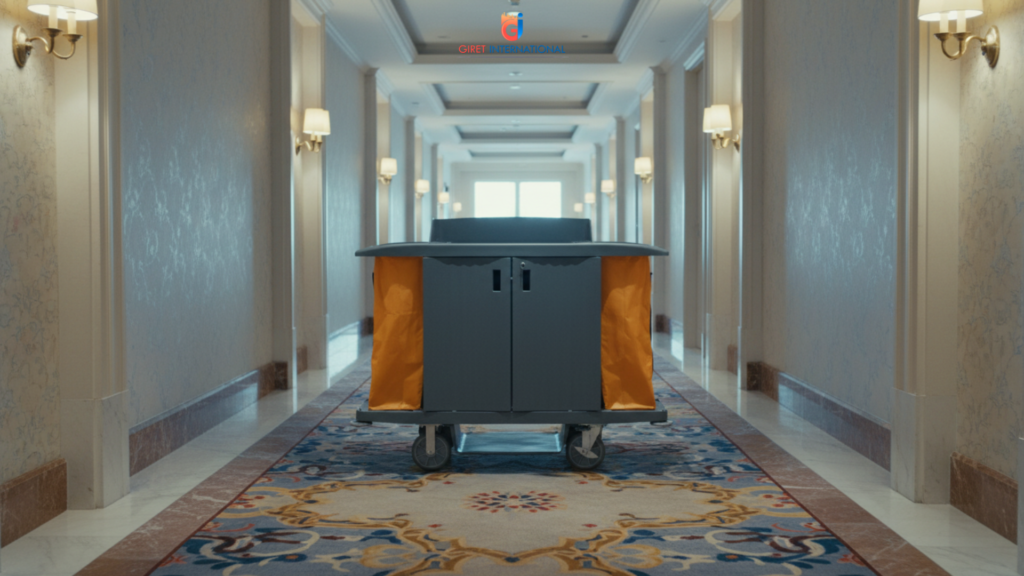 Durable fiber housekeeping trolley with storage and laundry bags for hotels