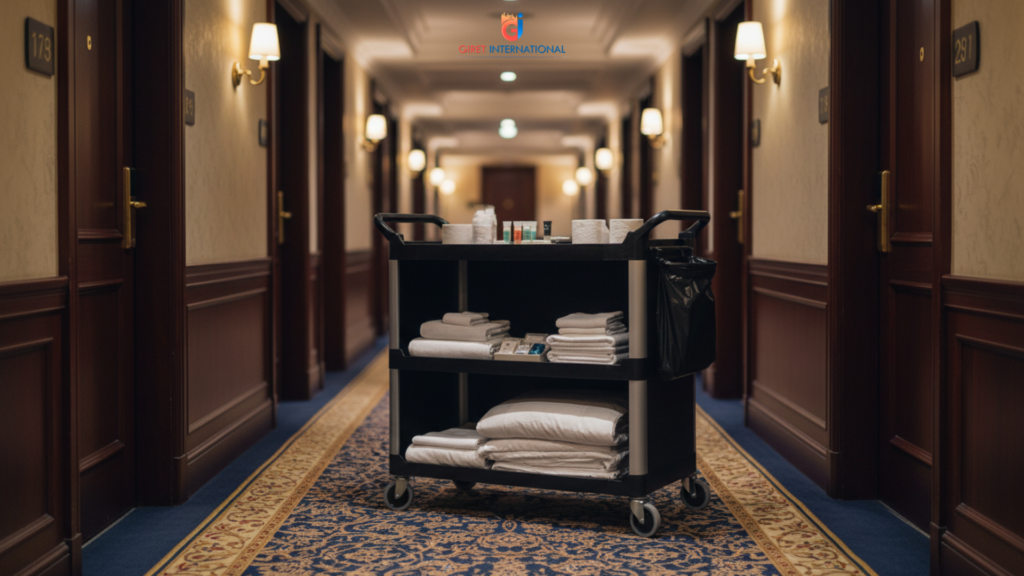 Hotel housekeeping trolley by Giret with three side closed panels