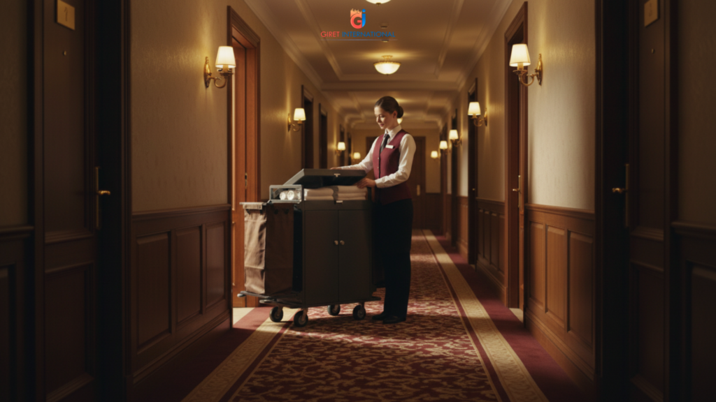 Giret housekeeping trolley with fixed amenities holder and top lid