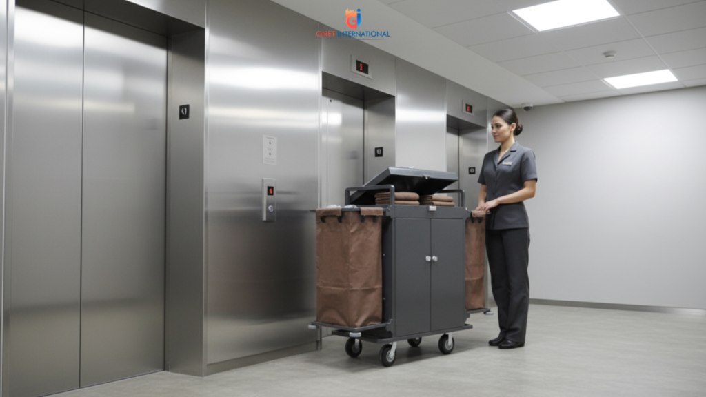 Hotel housekeeping trolley by Giret with dual canvas bags